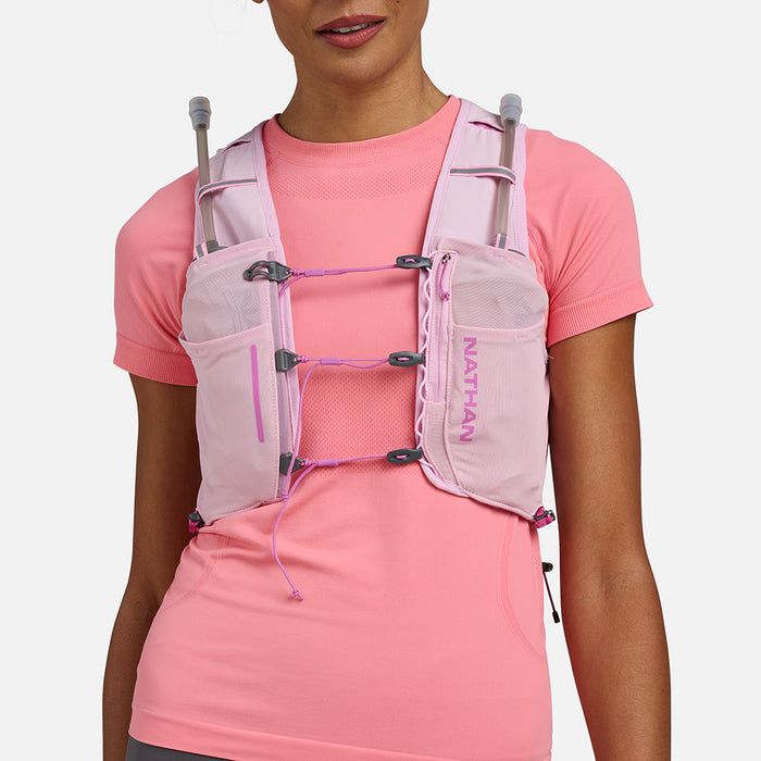 color:Light Pink/Fuchsia||seo:Nathan Pinnacle Pro 6 Liter Women's Hydration Race Vest - Light Pink/Fuchsia - Female Runner Front View