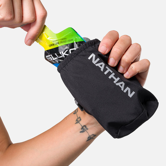color:Black/Reflective Silver||seo:Nathan Pinnacle Soft 18oz Flask Handheld  - Black/Reflective Silver - Model Pulling Glukos Energy Gel (Lemon Lime Flavor) from Pouch