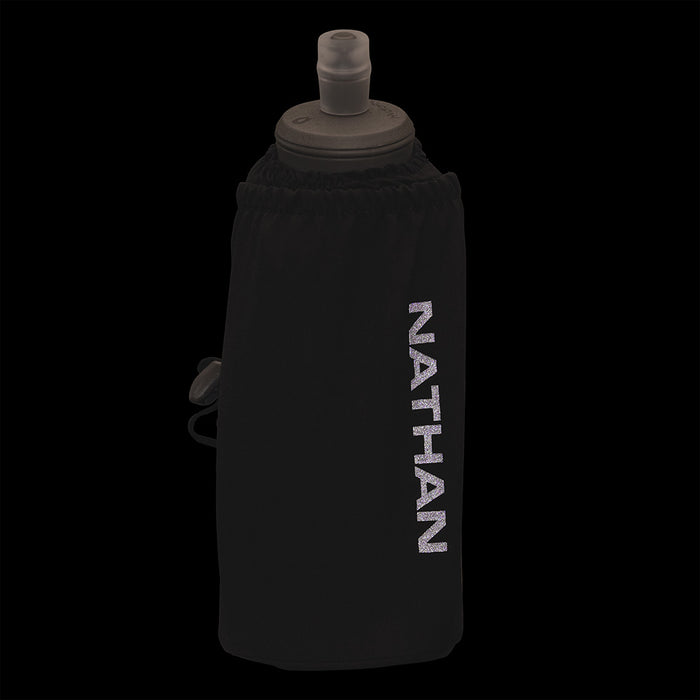 color:Black/Reflective Silver||seo:Nathan Pinnacle Soft 18oz Flask Insulated Handheld  - Black/Reflective Silver - Detail View of Reflective Highlights on Handheld
