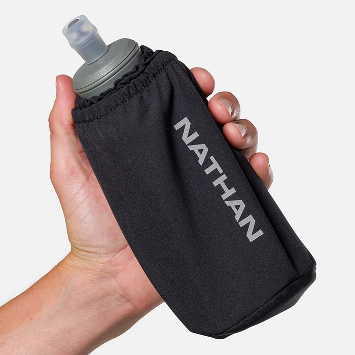 color:Black/Reflective Silver||seo:Nathan Pinnacle Soft 18oz Flask Insulated Handheld  - Black/Reflective Silver - Model Gripping Handheld Flask - Front View