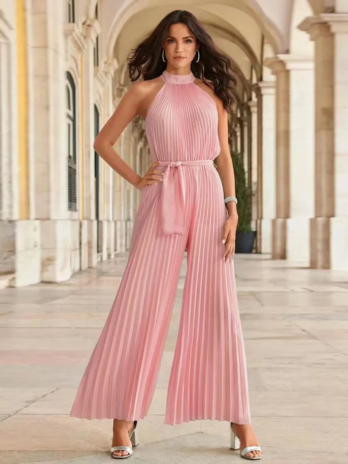 Pleated Tied Sleeveless Wide-Leg Jumpsuit