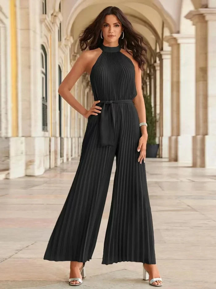 Pleated Tied Sleeveless Wide-Leg Jumpsuit