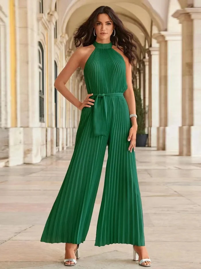 Pleated Tied Sleeveless Wide-Leg Jumpsuit