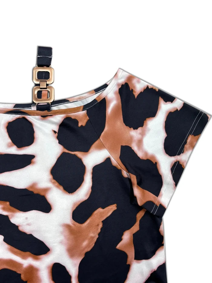 Plus Size Leopard Print Short Sleeve Maxi Dress with Side Slit