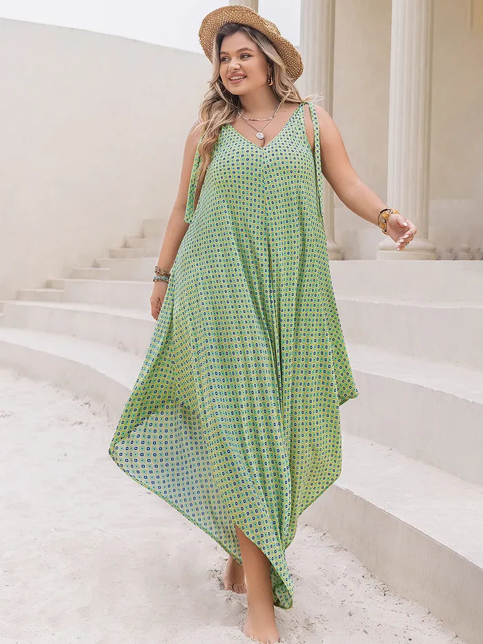 Plus Size Printed V-Neck Tied Wide-Leg Viscose Jumpsuit