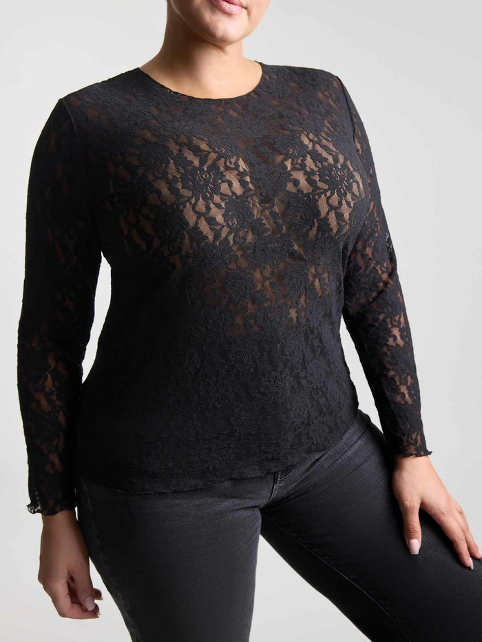 Plus Size Black Lace Long Sleeve Top - On Model Front View Styled with Dark Jeans | Hanky Panky