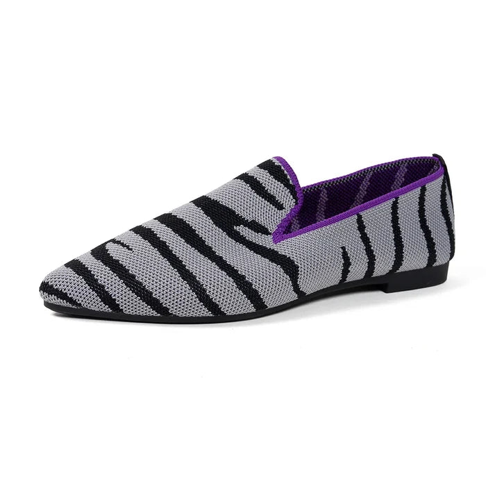 Point Toe Animal Print Knit Slip-On Loafers with Contrast Trim