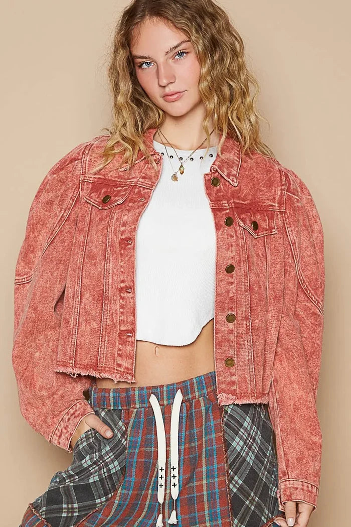 POL Raw Hem Button Up Cropped Denim Jacket
