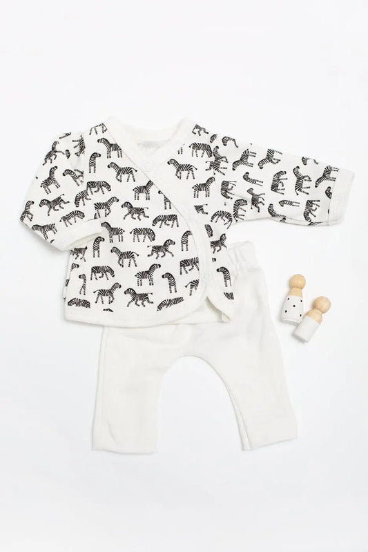2 piece wrap top & trouser set, Little Zebras print, Organic Cotton Top & Trousers Tiny & Small