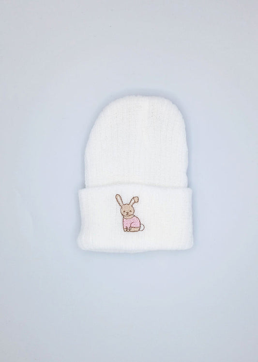 Premature Baby White Knitted Hat With Pink Rabbit Embroidery Little Mouse Baby Clothing & Gifts