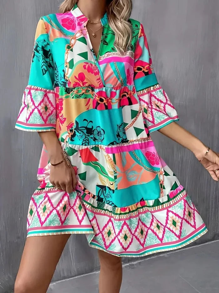 Printed Notched 3/4 Sleeve Tiered Dress