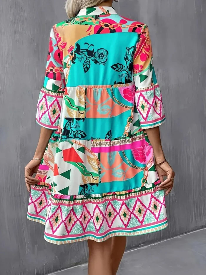 Printed Notched 3/4 Sleeve Tiered Dress