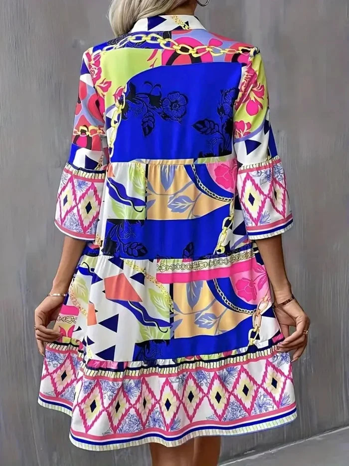 Printed Notched 3/4 Sleeve Tiered Dress