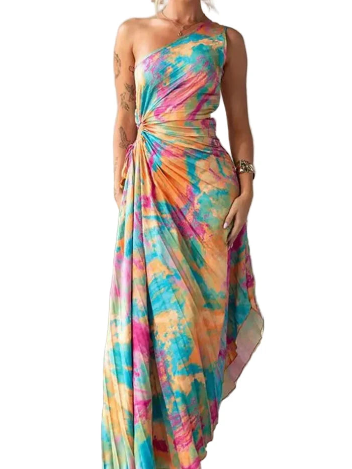 Printed One Shoulder Asymmetrical Maxi Dress