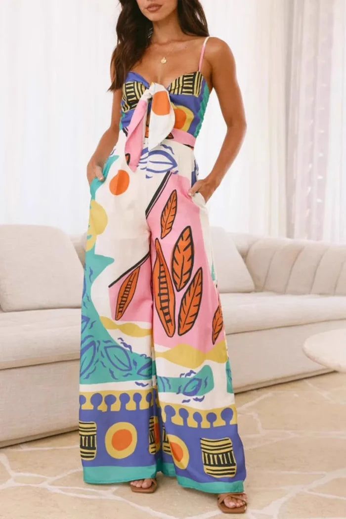 Printed Smocked Tied Zipper Pocketed Wide-Leg Cami Jumpsuit