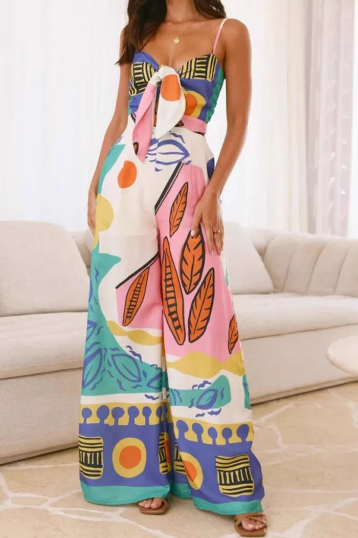 Printed Smocked Tied Zipper Pocketed Wide-Leg Cami Jumpsuit