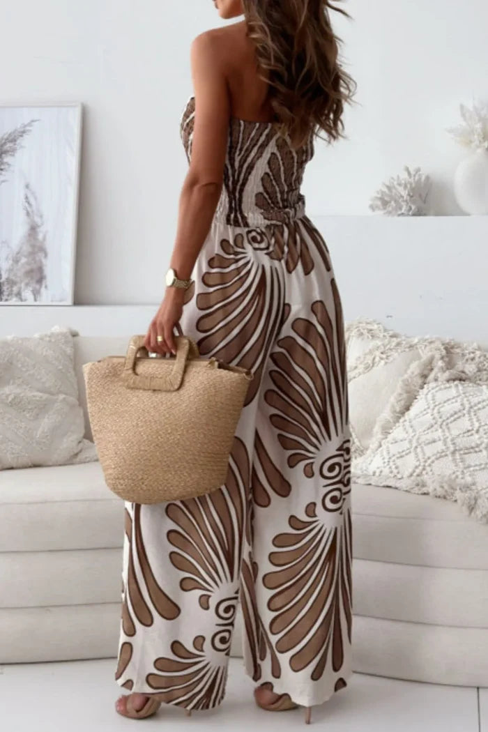 Printed Smocked Tube Wide-Leg Pocketed Jumpsuit