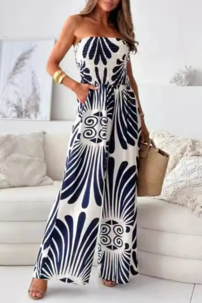 Printed Smocked Tube Wide-Leg Pocketed Jumpsuit