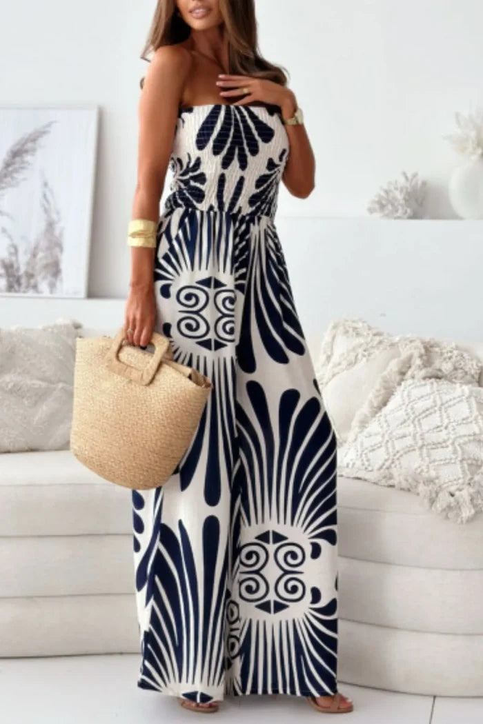 Printed Smocked Tube Wide-Leg Pocketed Jumpsuit