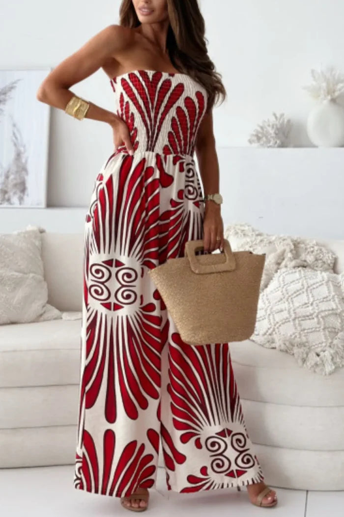 Printed Smocked Tube Wide-Leg Pocketed Jumpsuit