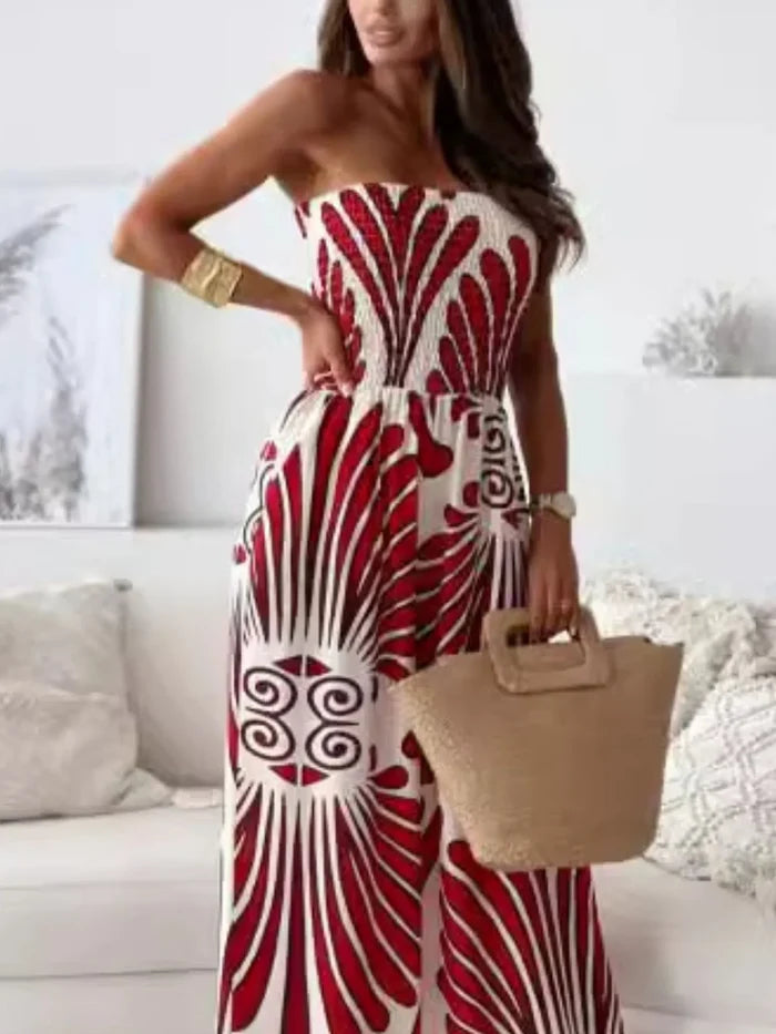 Printed Smocked Tube Wide-Leg Pocketed Jumpsuit