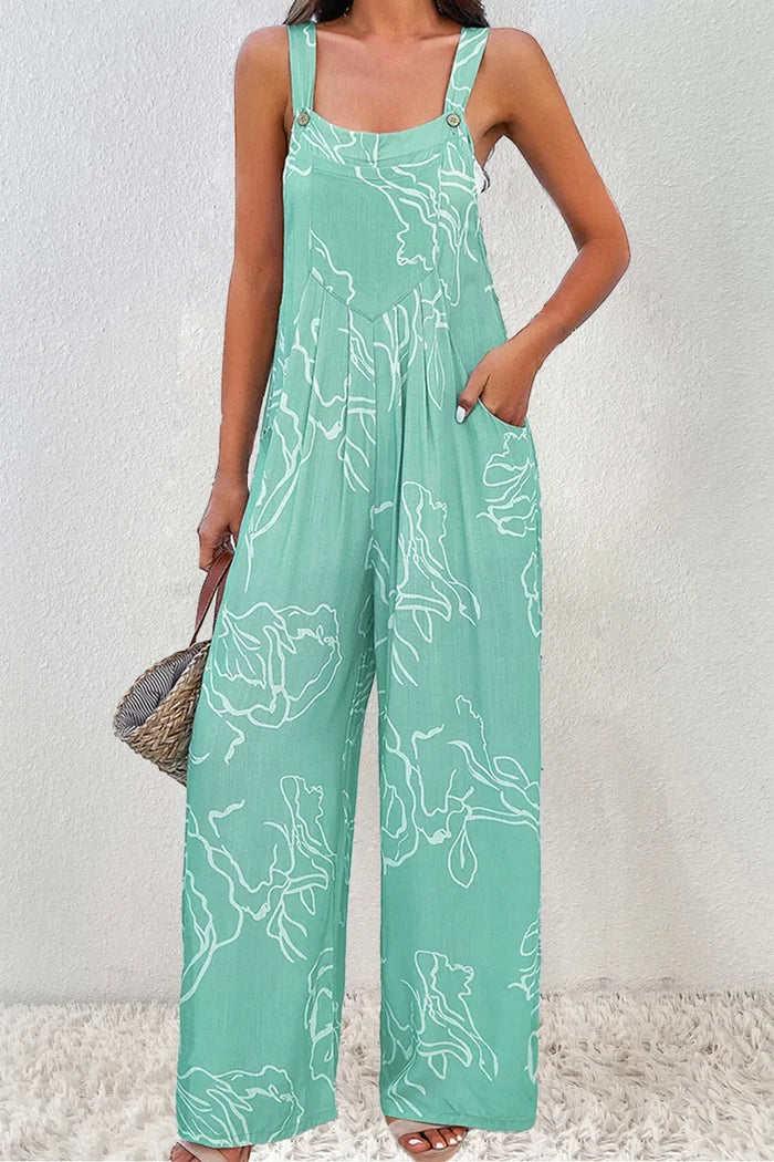 Printed Wide-Strap Pocketed Wide-Leg Jumpsuit