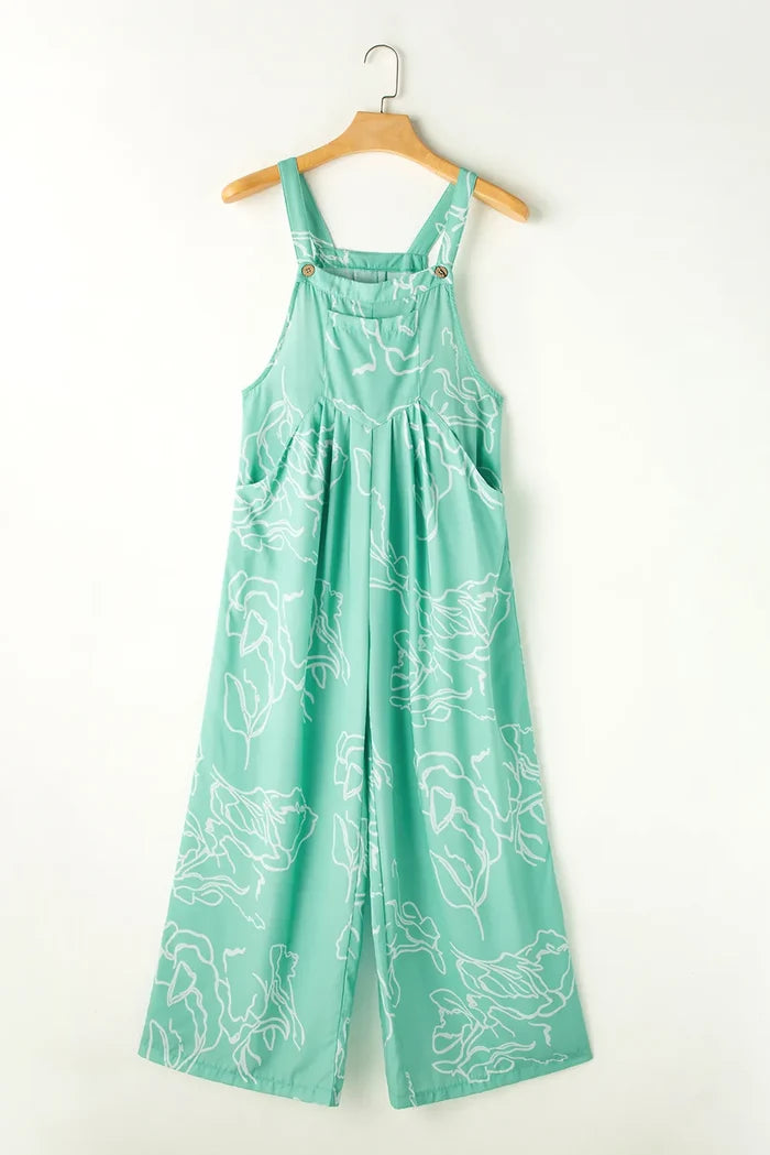 Printed Wide-Strap Pocketed Wide-Leg Jumpsuit