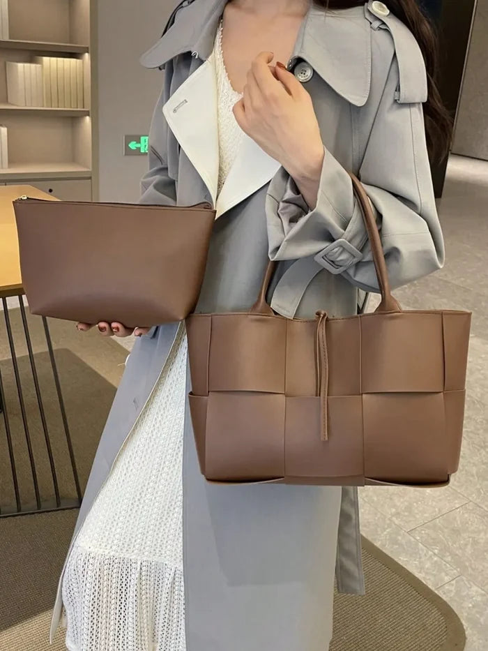 PU Leather Woven Handbag and Clutch Set