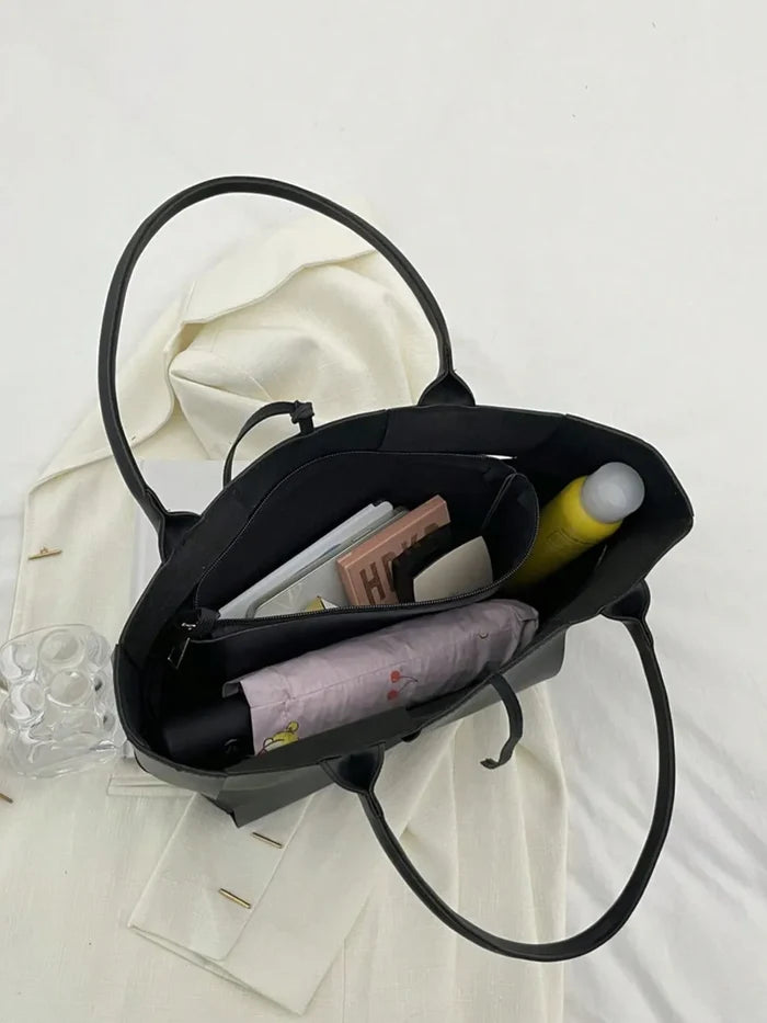 PU Leather Woven Handbag and Clutch Set