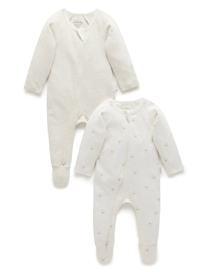 Purebaby Organic Zip Growsuit 2 Pack - Vanilla Bear