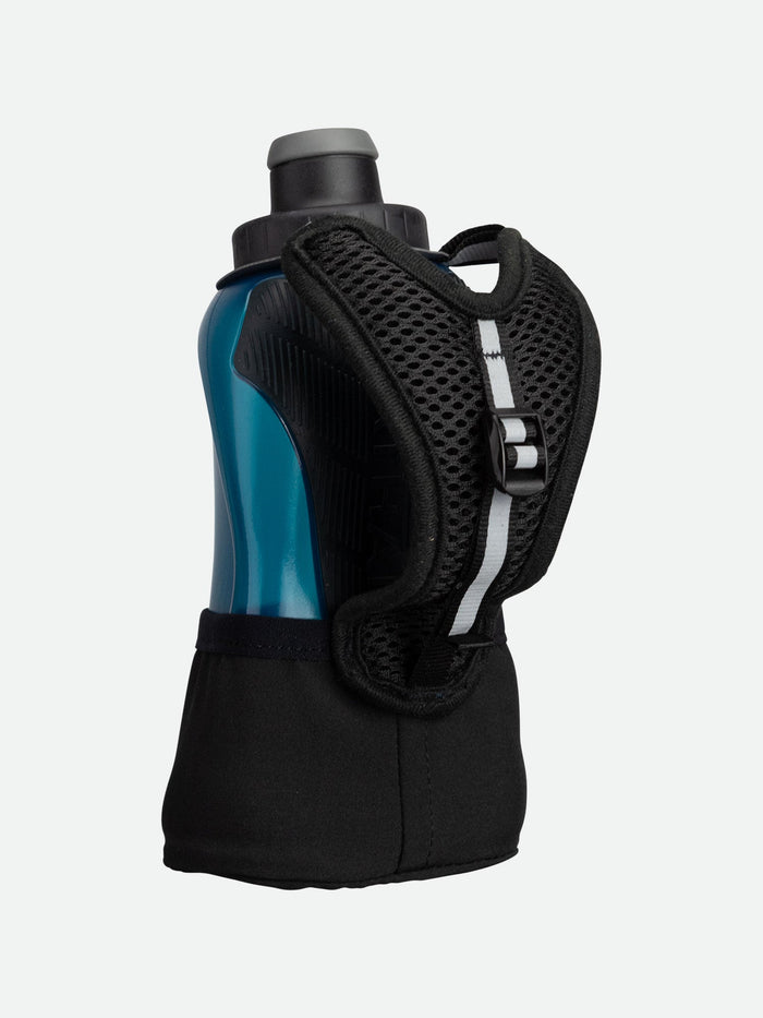 color:Black/Marine Blue||seo:NATHAN QuickSqueeze Lite 12oz Hydration Handheld - Black/Marine Blue - Back of Handheld with Strap