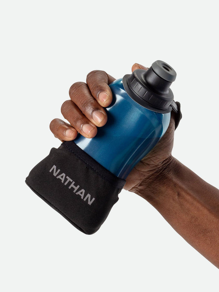 color:Black/Marine Blue||seo:NATHAN QuickSqueeze Lite 12oz Hydration Handheld - Black/Marine Blue - Runner Gripping Handheld