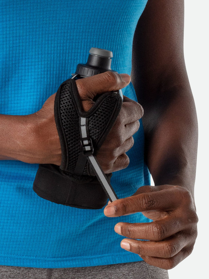 color:Black/Marine Blue||seo:NATHAN QuickSqueeze Lite 12oz Hydration Handheld - Black/Marine Blue - Runner Pulling Strap to Tighten Handheld Around the Palm