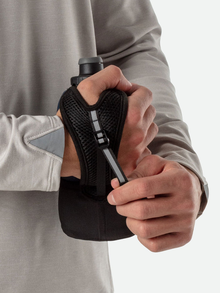 color:Black/Marine Blue||seo:NATHAN QuickSqueeze Lite 18oz Handheld - Black/Marine Blue - Runner Pulling Strap to Tighten Handheld Around the Palm