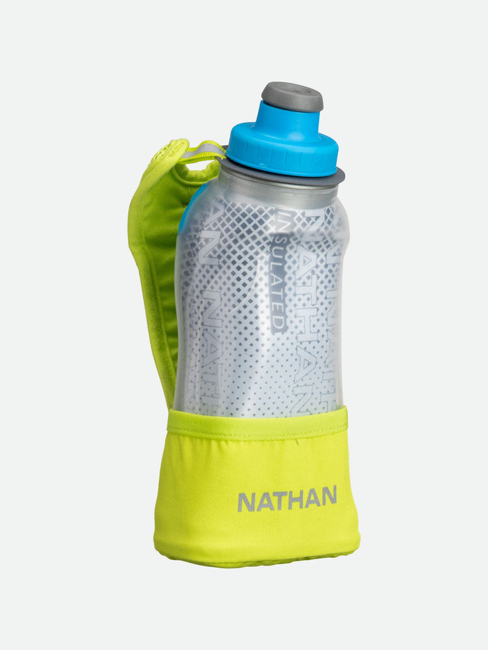 color:Finish Lime/Blue Me Away||view:SKU Image Primary||seo:Nathan QuickSqueeze Lite 12oz Insulated Hydration Handheld - Finish Lime/Blue Me Away - Front of Handheld with Strap