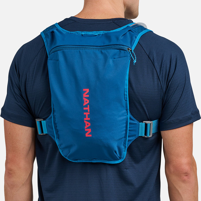 color:Sailor Blue/Ribbon Red||seo:Nathan QuickStart 3.0 3 Liter Hydration Pack - Sailor Blue/Ribbon Red - On Model - Model Showing Back of Vest