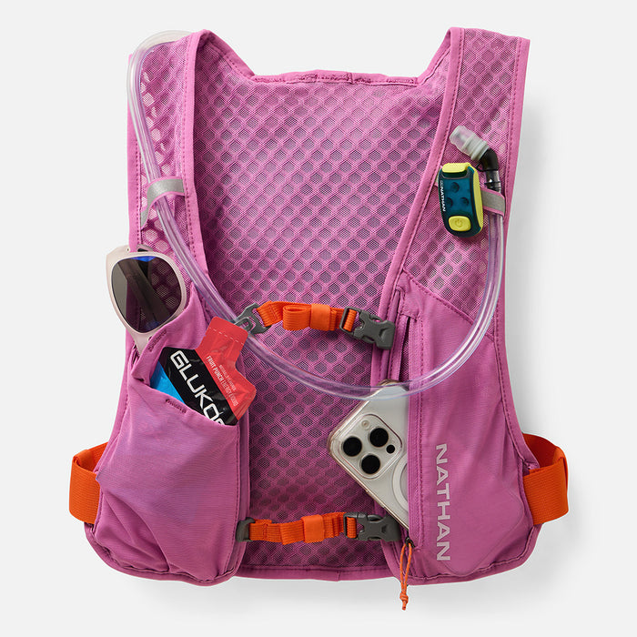 color:Fuchsia/Orange Blaze||seo:Nathan QuickStart 3.0 6 Liter Hydration Pack - Fuchsia/Orange Blaze - Multiple Front Pockets for Storage of Sunglasses, Cell Phone or Srobelight