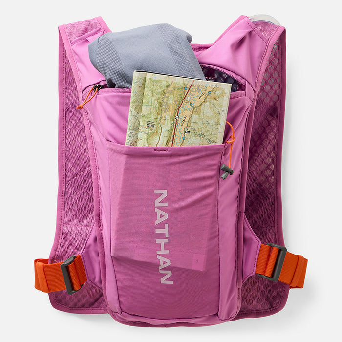 color:Fuchsia/Orange Blaze||seo:Nathan QuickStart 3.0 6 Liter Hydration Pack - Fuchsia/Orange Blaze - Back Pockets for Storage of Maps or Running Gear