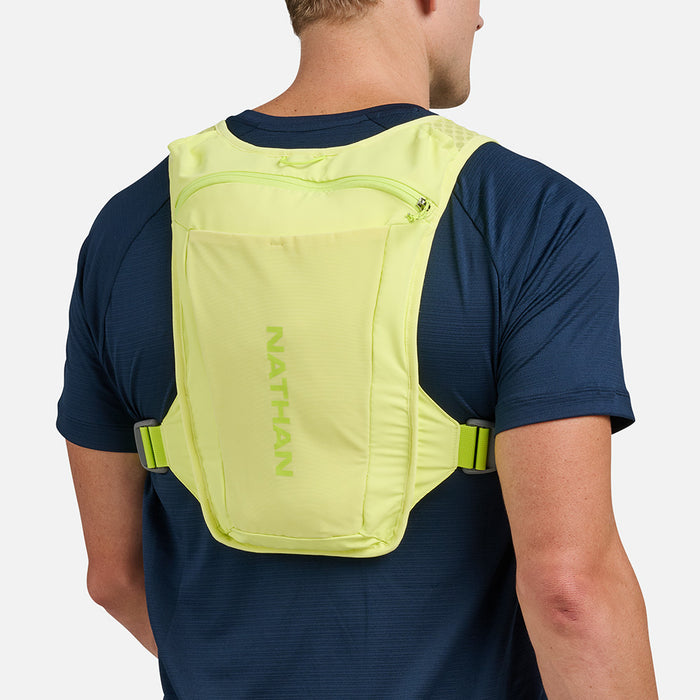 color:Light Lime/Finish Lime||seo:Nathan QuickStart 3.0 4 Liter Soft Flask Hydration Pack - Light Lime/Finish Lime - On Model - Back View