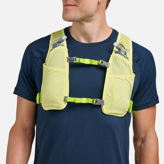 color:Light Lime/Finish Lime||seo:Nathan QuickStart 3.0 4 Liter Soft Flask Hydration Pack - Light Lime/Finish Lime - On Model - Front View