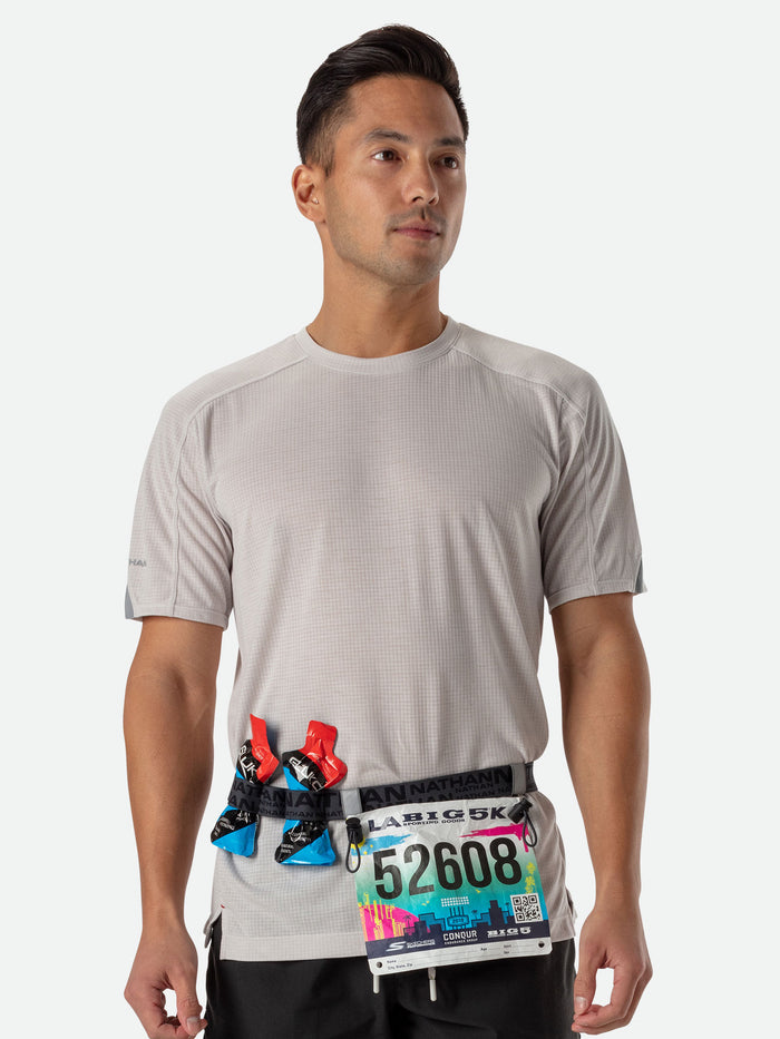 color:Black/Reflective Silver||seo:NATHAN Race Number Belt Nutrition Waist Belt - Black/Reflective Silver - Runner Front View