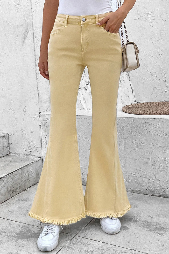 Raw Edge Mid Waist Flared Jeans