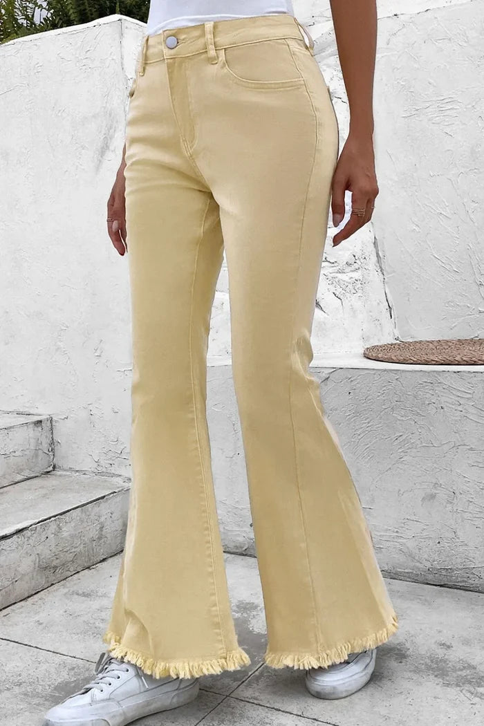 Raw Edge Mid Waist Flared Jeans