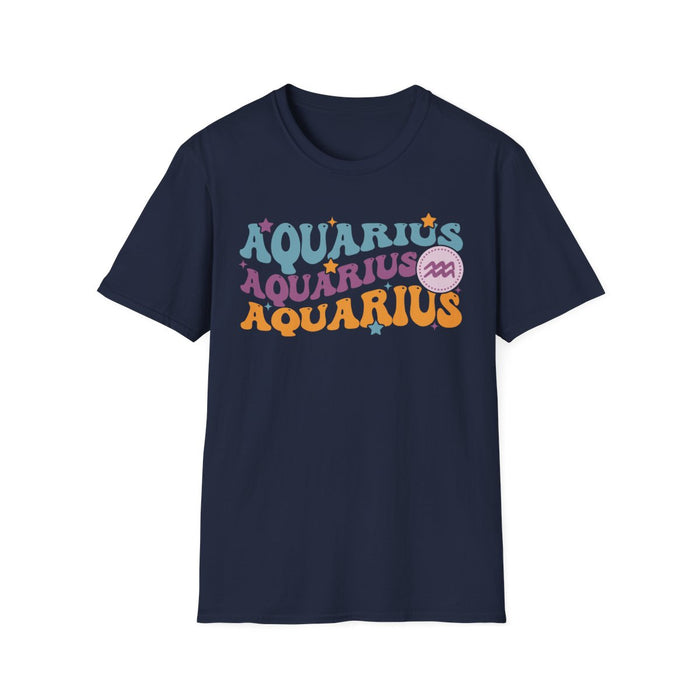 light blue t-shirt with retro Aquarius zodiac graphic design