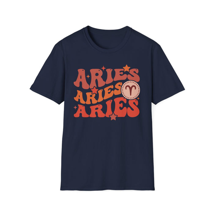 white t-shirt with retro Aries zodiac symbol and lettering