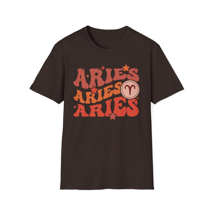 model wearing light blue Aries zodiac graphic t-shirt casual styling