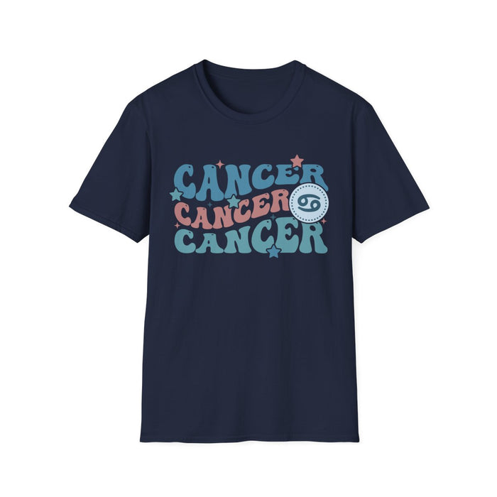 light blue t-shirt with retro cancer zodiac graphic design