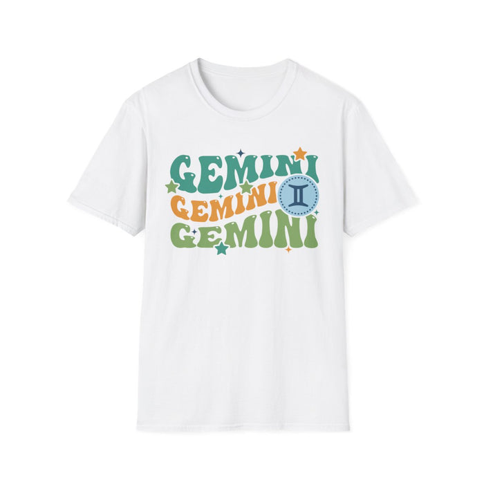 white t-shirt with retro gemini zodiac graphic design