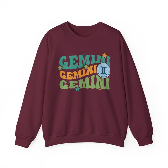 black sweatshirt with vintage gemini astrology graphic and groovy typography