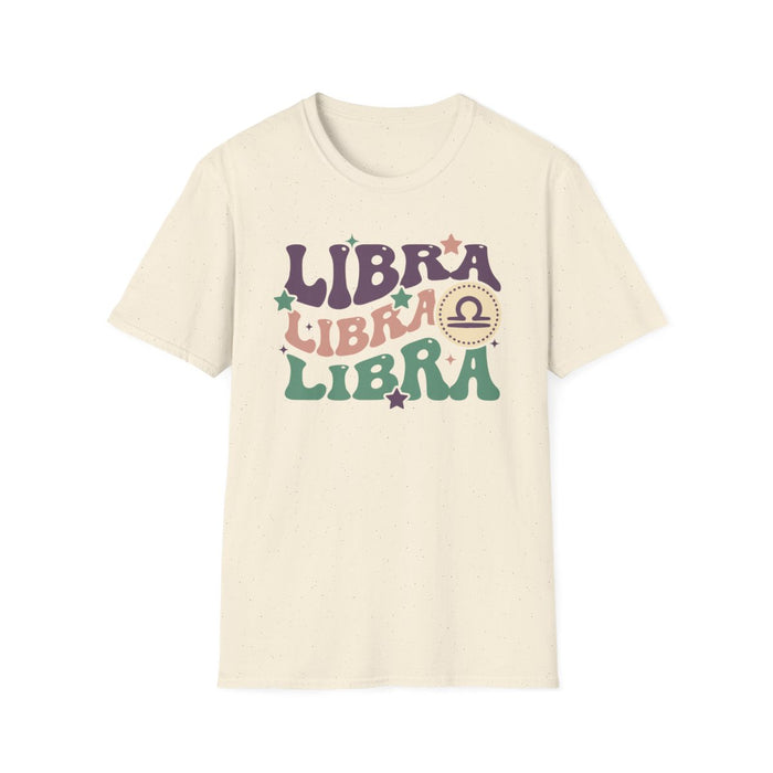 black t-shirt with bold retro libra zodiac design